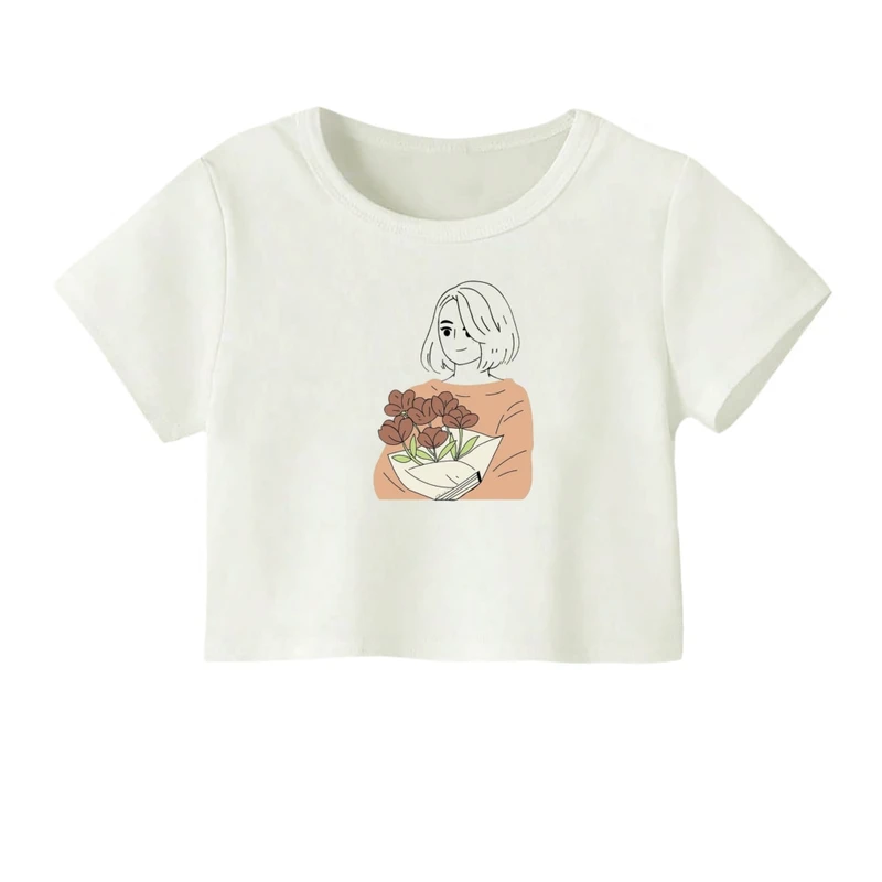 کراپ‌ تی‌شرت آستین کوتاه زنانه مدل دختر و گل