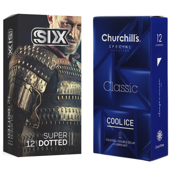 کاندوم چرچیلز مدل Cool Ice بسته 12 عددی به همراه کاندوم سیکس مدل خاردار بسته 12 عددی 