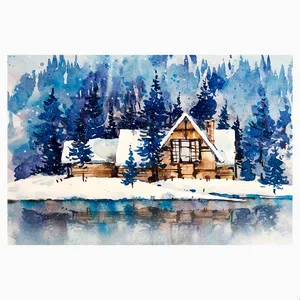 کاغذ دیواری طرح آبرنگ کلبه چوبی مدل برفی کد AR304085