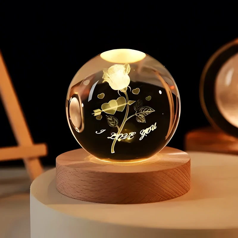 چراغ رومیزی مدل گوی شیشه ای 3D طرح گل رز عاشقانه