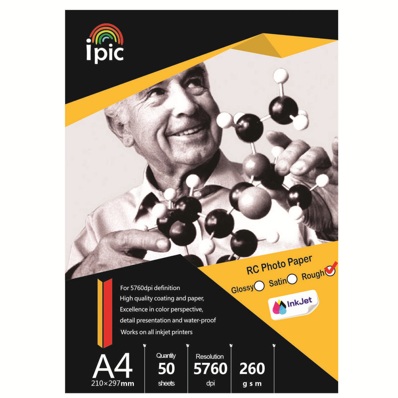 کاغذ چاپ عکس آی پیک مدل فتوگلاسه 260 گرم راف ابریشمی مات A4 بسته 50 عددی