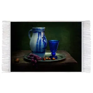 فرش ماشینی دیوارکوب اطلس آبی طرح نقاشی پارچ و لیوان و میوه مدل T1096 