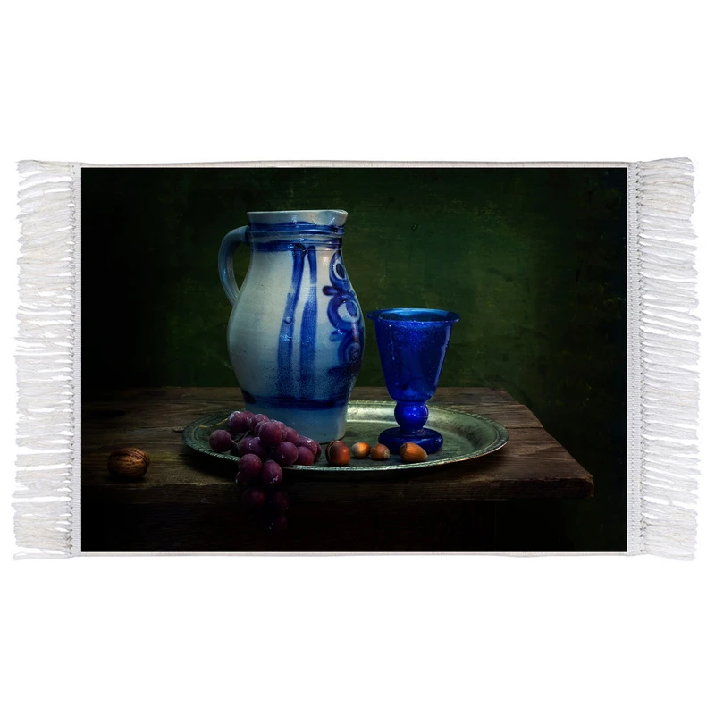 فرش ماشینی دیوارکوب اطلس آبی طرح نقاشی پارچ و لیوان و میوه مدل T1096