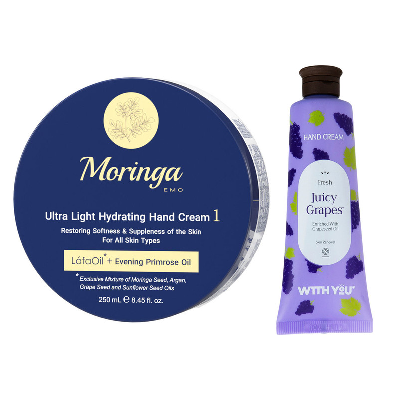 کرم آبرسان مورینگا امو مدل LáfaOil حجم 250 میلی لیتر به همراه کرم مرطوب کننده ویت یو مدل Juicy Grapes حجم 50 میلی لیتر