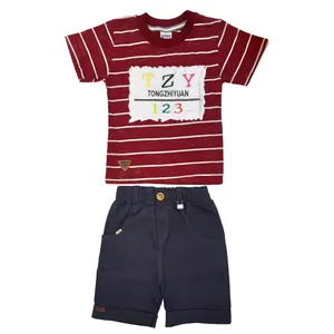 ست تی شرت و شلوارک پسرانه طرح راه راه مدل 123 رنگ زرشكی