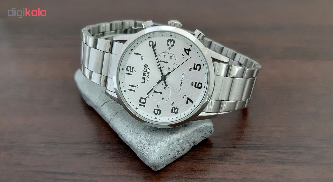 ساعت مچی عقربه ای مردانه لاروس مدل0917-80095 به همراه دستمال مخصوص برند کلین واچ