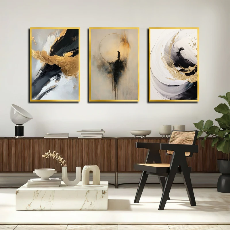 تابلو بکلیت طرح نقاشی انتزاعی مدل T-3436 فریم طلایی مجموعه 3 عددی