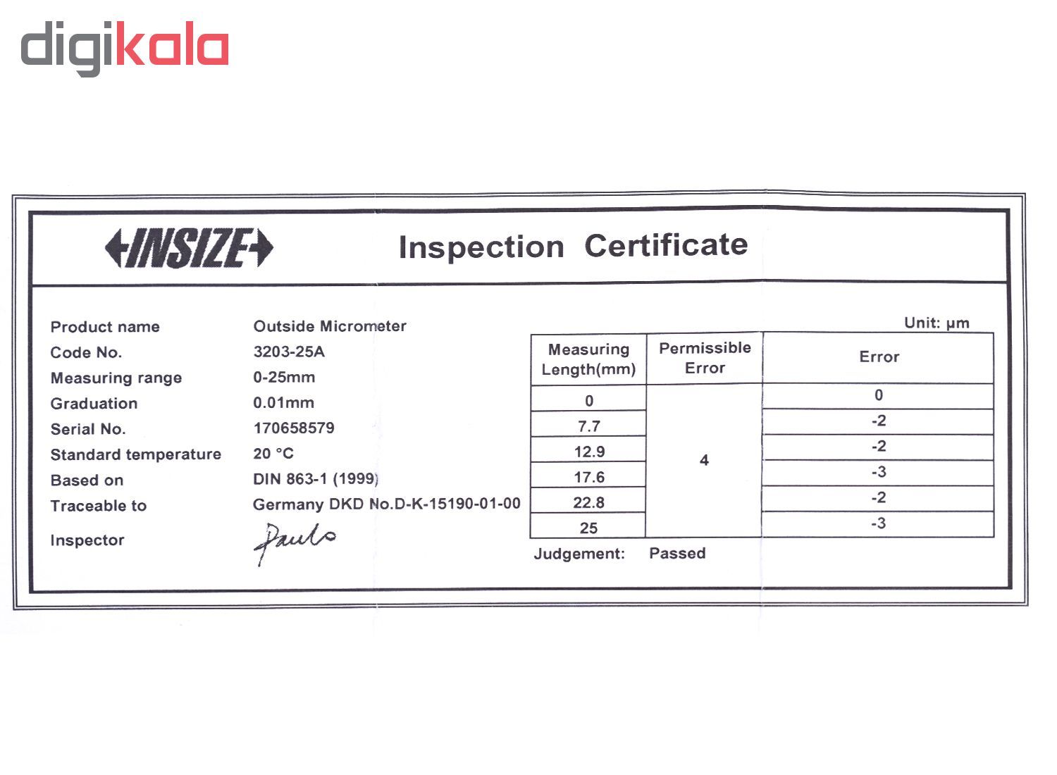 میکرومتر بیرون سنج اینسایز مدل 25A-3203