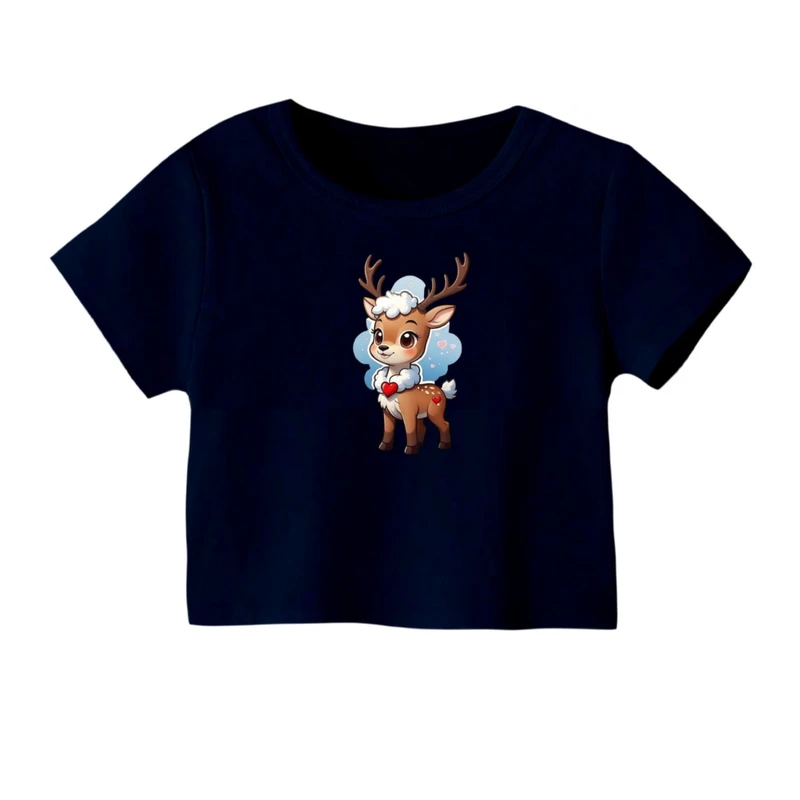 کراپ‌ تی‌شرت آستین کوتاه زنانه مدل گوزن کریسمس کد 16