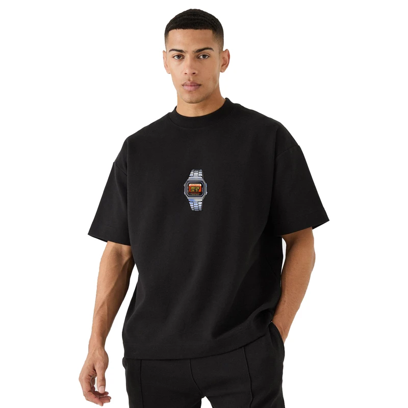 تی‌شرت آستین سه ربع مردانه مدل باکسی طرح ساعت