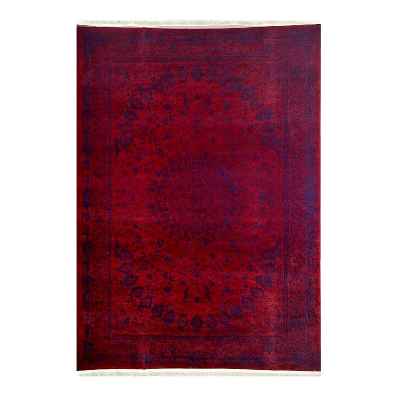 فرش ماشینی 1200 شانه زمینه قرمز فرش تهران لاکی حاشیه سرمه‌ای مدل آوانگارد طرح دلوان