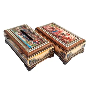 ست جعبه دستمال کاغذی و جعبه کارد و چنگال خاتم کاری طرح ایلیات کد 28