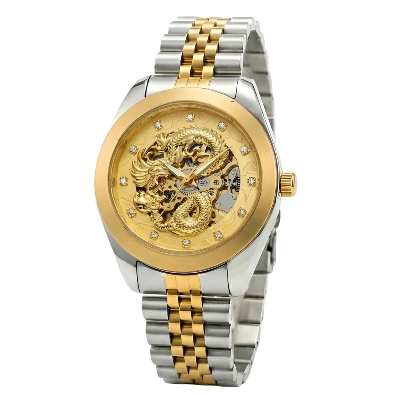 ساعت مچی عقربه‌ای اتوماتیک مردانه مدل لوکس طرح دراگون بند استیل قفل مخفی کد D4