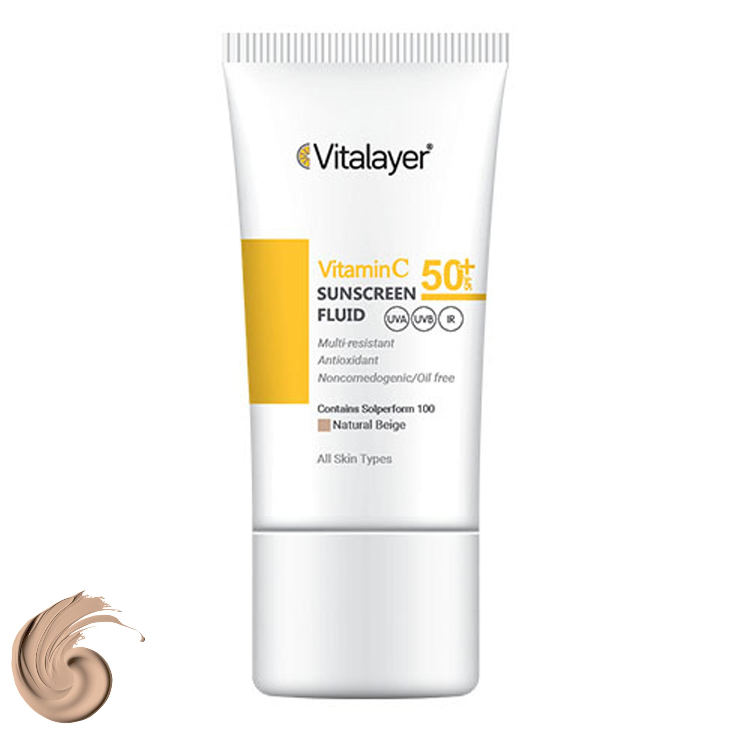 کرم ضد آفتاب رنگی ویتالیر، SPF 50، مدل ویتامین سی، مناسب انواع پوست با تنالیته متوسط و حجم 50 میلیلیتر، ضد آب، مرطوبکننده، غیر کومدونزا، محافظتکننده در برابر اشعههای UVA و UVB، ویتامین C و آنتی اکسیدان، با ماندگاری 2 ساعته