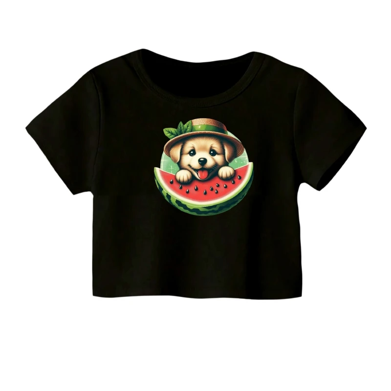 کراپ‌ تی‌شرت آستین کوتاه زنانه مدل سگ یلدایی کد 3