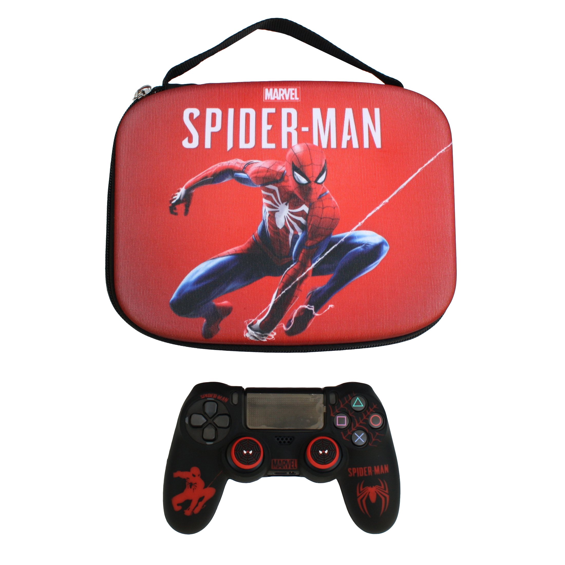 کیف حمل دسته بازی پلی استیشن 4 مدل spider man به همراه محافظ دسته و روکش آنالوگ