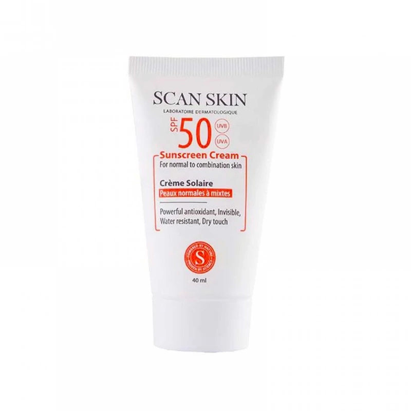 کرم ضدآفتاب بی‌رنگ اسکن اسکین مدل SPF50، مناسب پوست‌های معمولی و مختلط، حجم 40 میلی‌لیتر