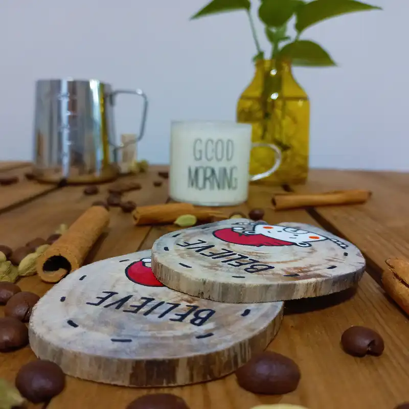 زیر لیوانی چوبی مدل تنه درخت طرح believe بسته 2 عددی