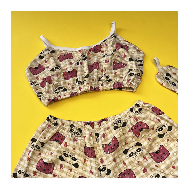 ست نیم تنه و شلوارک زنانه مدل گربه و پاندا به همراه چشم بند