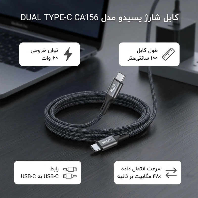 عکس شماره 2 : کابل usb-c یسیدو مدل dual type-c ca156 60w طول 1 متر