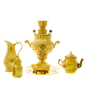 سرویس سماور ذغالی 6 پارچه برنجی مدل توپی ترک دار کد 4338