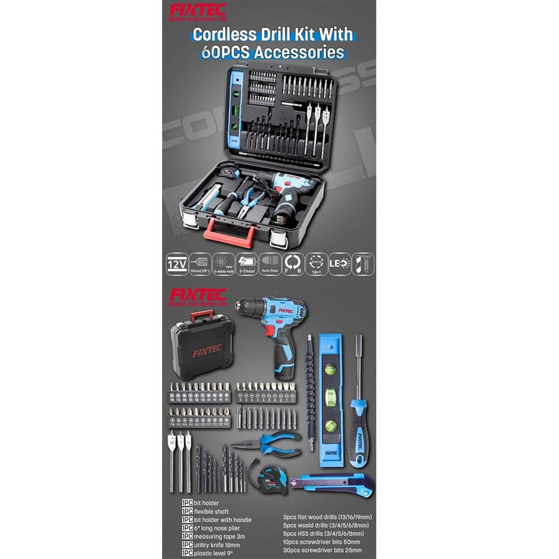 دریل پیچ گوشتی فیکس تک مدل FCD1207K60  مجموعه 60 عددی