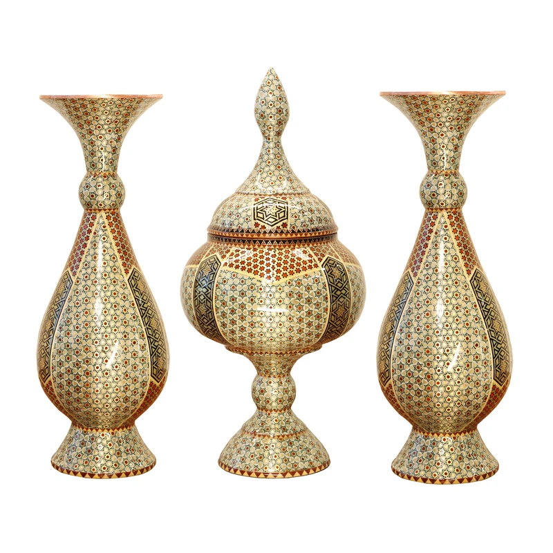 ست 3 تکه شکلات خوری و گلدان خاتم کاری مسی صنایع دستی فاخر مدل تمام خاتم طرح نفیس کد HQ252925