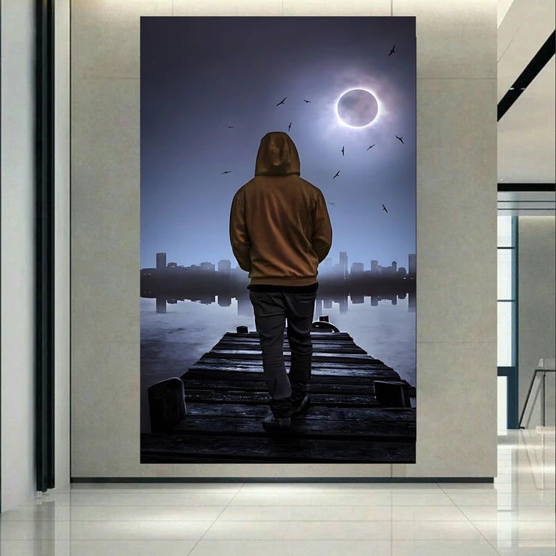 تابلو بوم طرح پسر تنها و ماه گرفتگی کد AR31266