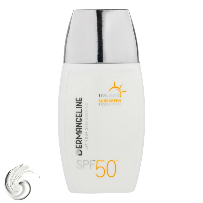 کرم ضد آفتاب بی‌رنگ صورت درمنجلین SPF 50 مدل Fusion Water محافظ در برابر اشعه UVA و UVB مناسب برای انواع پوست حجم 50 میلی‌لیتر