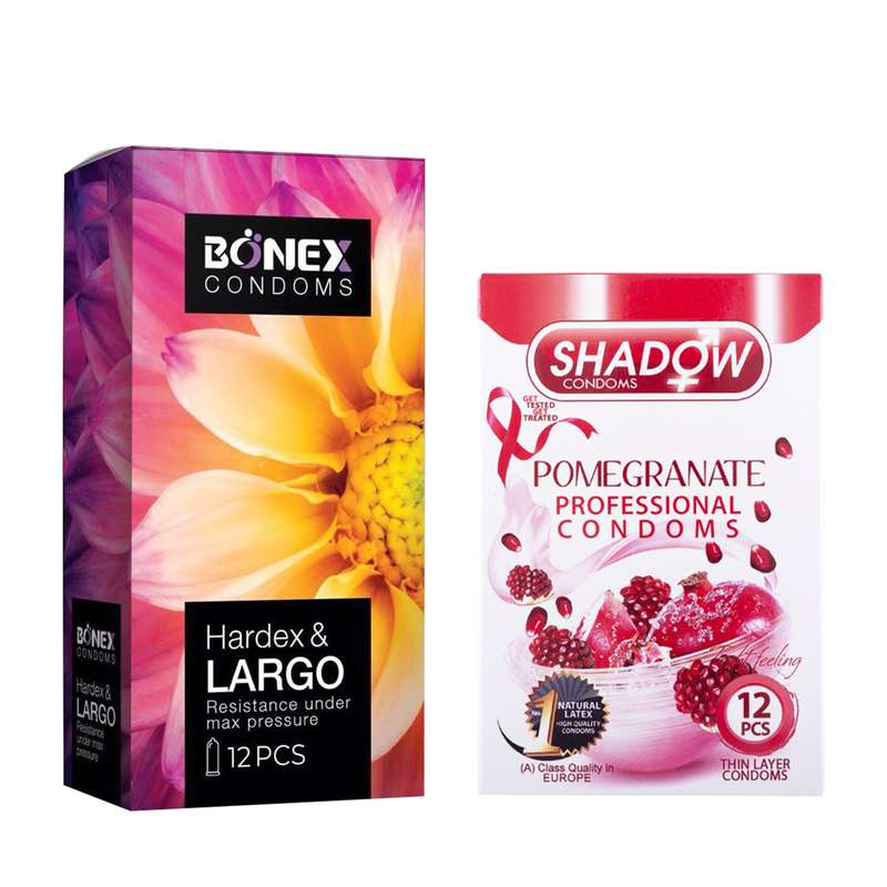 کاندوم بونکس مدل Hardex & Largo بسته 12 عددی به همراه کاندوم شادو مدل Pomegranate بسته 12 عددی