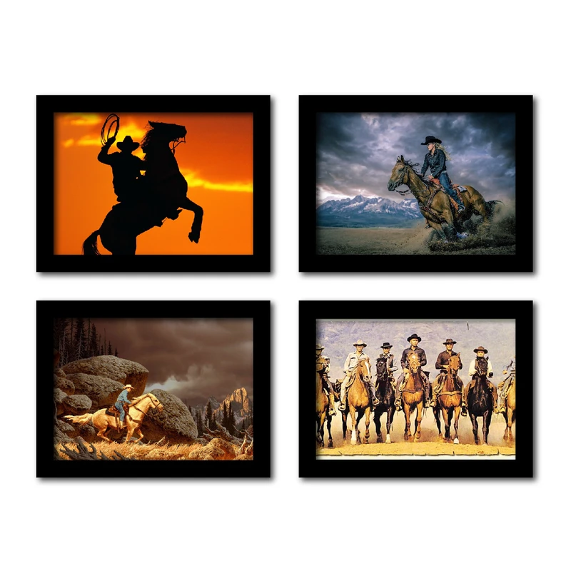 تابلو مدل وسترن طرح اسب سوار حرفه ای کد KM-CB74 مجموعه 4 عددی
