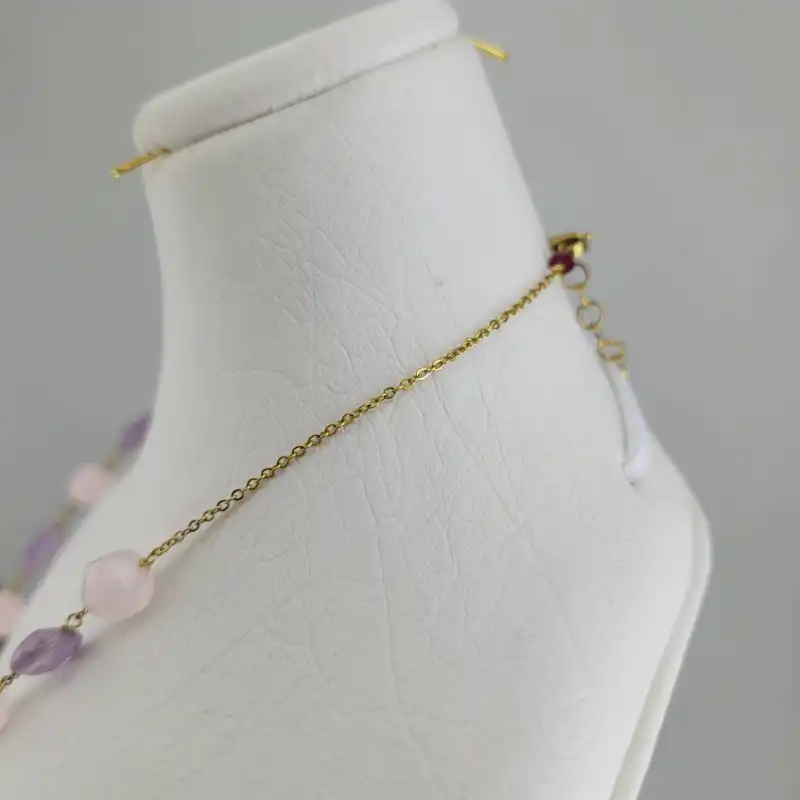 گردنبند زنانه مدل سنگ آمیترین و رز کوارتز کد 9640