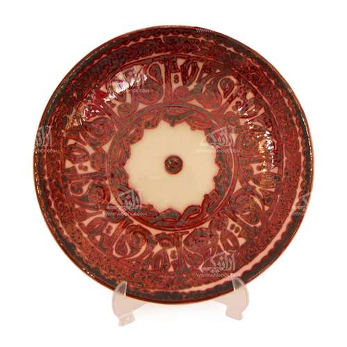 بشقاب سفالی آرانیک ‎‎‎‎لعاب احیایی رنگ‎ ‎ قرمز تیره‎ ‎ ‎‎طرح‎ کوفی مدل 1000200103