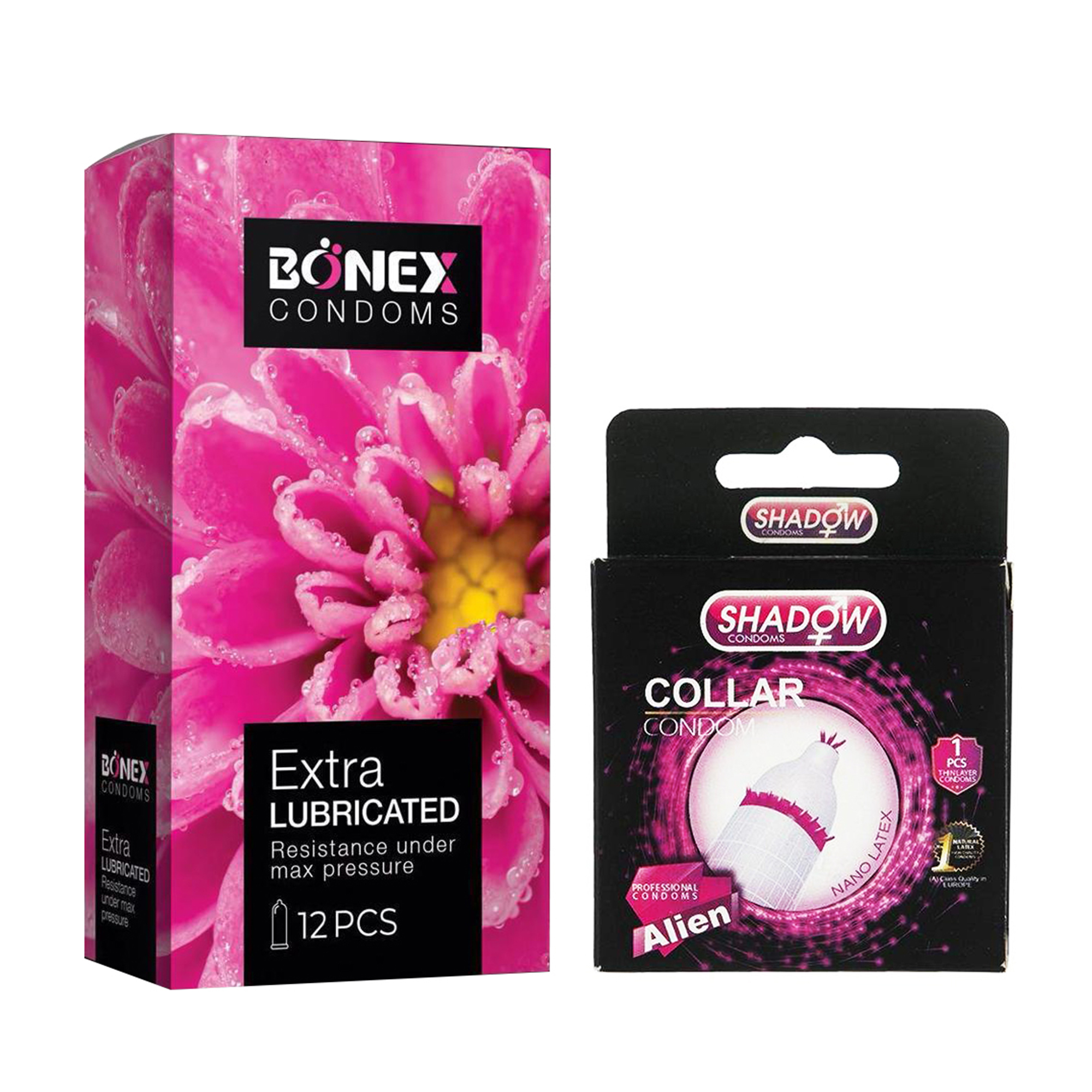 کاندوم بونکس مدل Extra Lubricated بسته 12 عددی به همراه کاندوم شادو مدل Collar