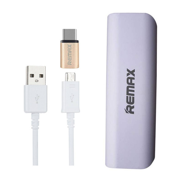 شارژر همراه ریمکس مدل Mini White ظرفیت 2600 میلی آمپر ساعت به همراه کابل شارژ MicroUSB و مبدل Type-C