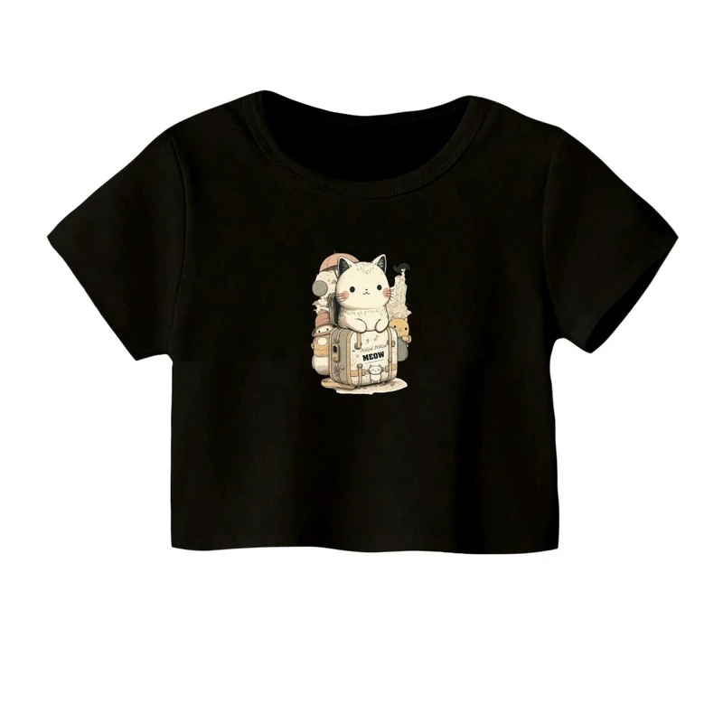 کراپ‌ تی‌شرت آستین کوتاه زنانه مدل گربه مسافر