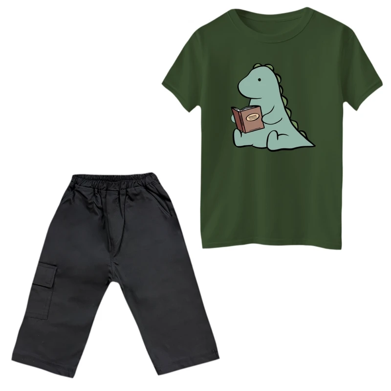 ست تی‌شرت و شلوارک پسرانه مدل دایناسور و کتاب