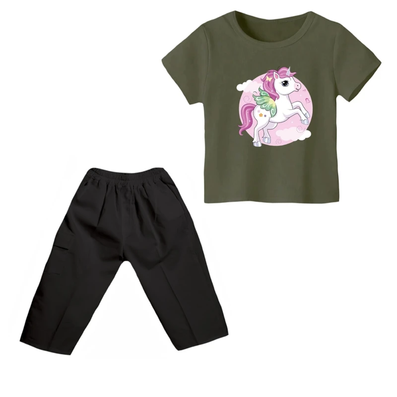 ست تی شرت و شلوارک دخترانه مدل یونیکورن کد ۲۶ رنگ سبز