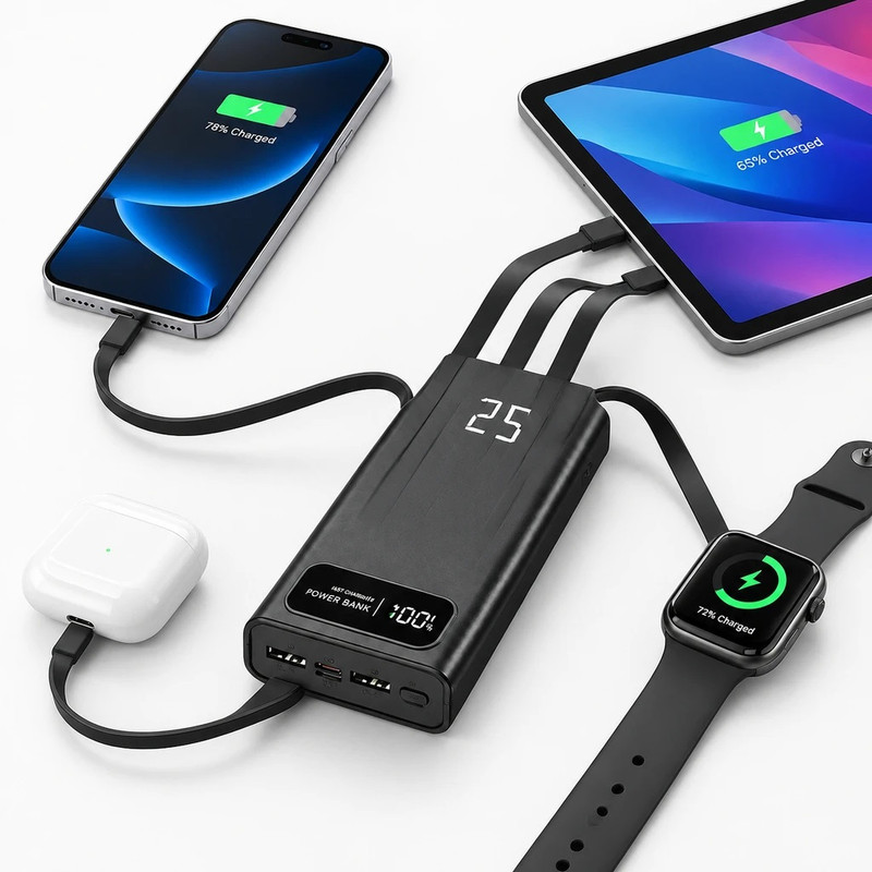 پاوربانک 22.5 وات مدلN-67 ظرفیت20 هزار میلی آمپر ساعت به همراه 4 کابل شارژ USB، USB-C، لایتنینگ و Micro USB