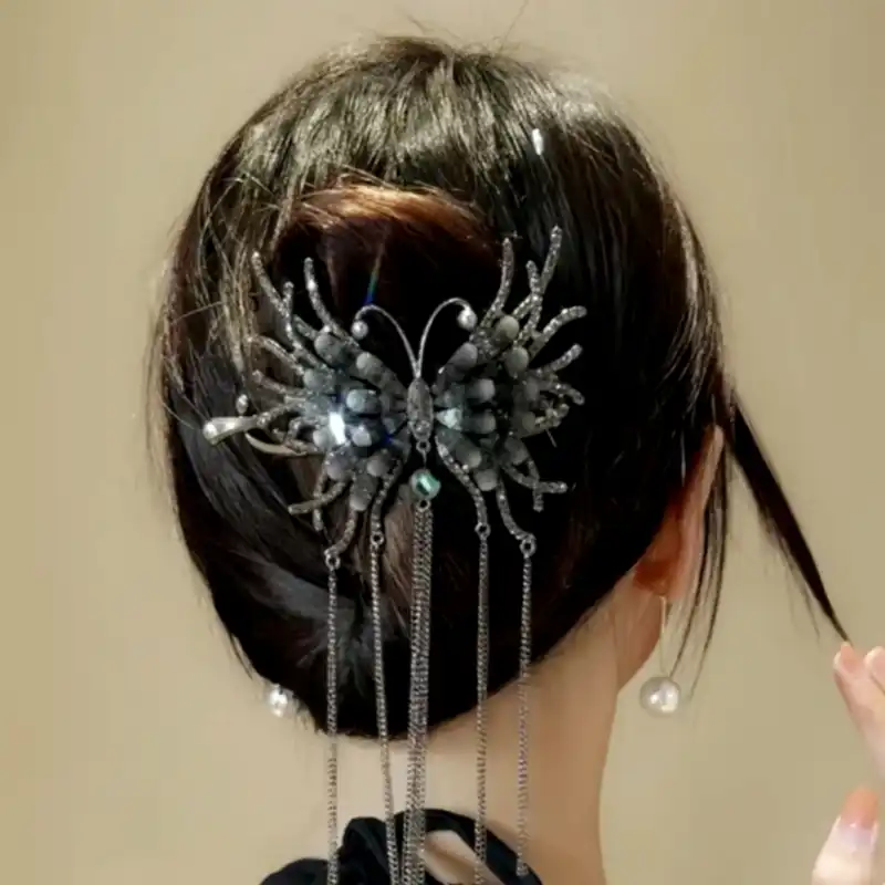 گیره مو زنانه مدل چفتی پروانه مشکی ققنوس آویزدار کد brg 666