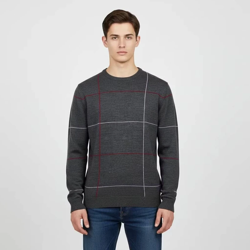 پلیور یقه گرد مردانه مدل راه دار عمود کد 08