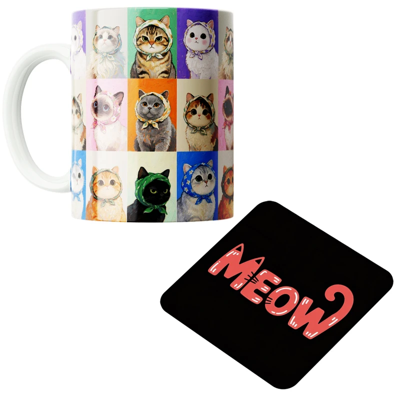 ماگ پاد آفرین مدل گربه کیوت فانتزی بامزه کارتونی کد PZ176 به همراه زیرلیوانی