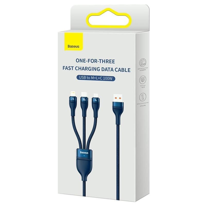 کابل تبدیل USB به USB-C / microUSB / لایتنینگ باسئوس مدل ONE-FOR-THREE 100Wطول 1.2 متر