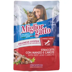 پوچ گربه میگلیور گاتو مدل STRACCETTI MANZO CAROTE وزن 100 گرم