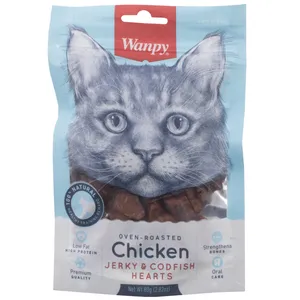 غذای گربه ون پی مدل CHICKEN JERKY CODFISH HEARTSوزن 80 گرم