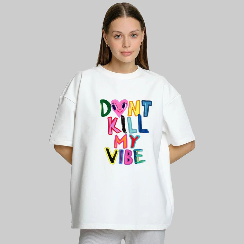 تیشرت آستین کوتاه زنانه پنبه دورو طرح  MY VIBE