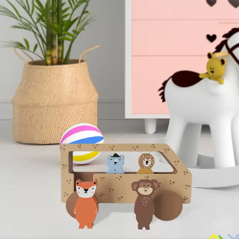 اسباب بازی چوبی طرح اتوبوس حیوانات جنگلی مدل MKids59-D