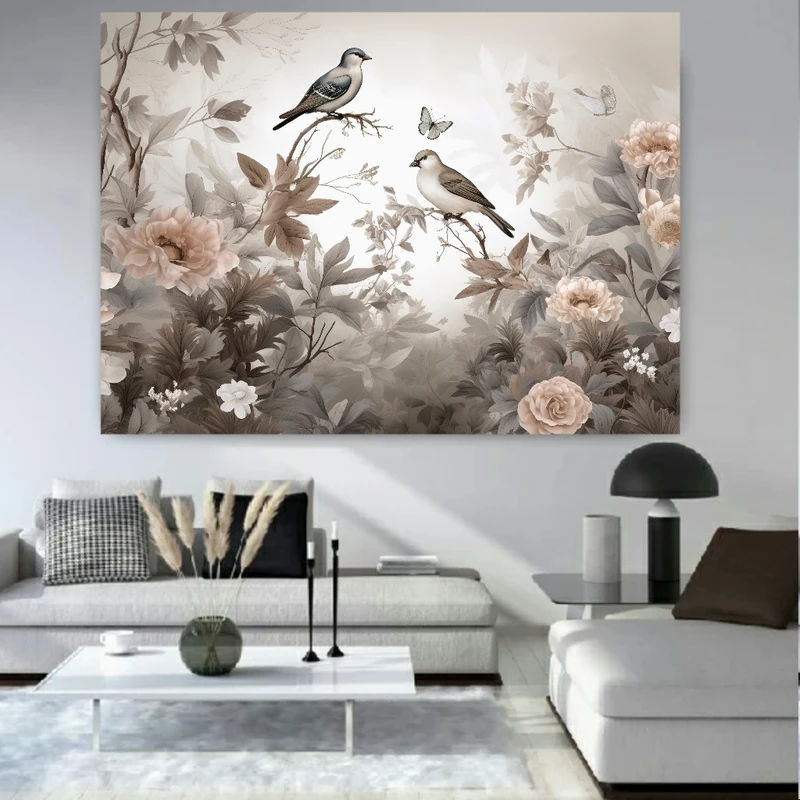 پوستر پارچه ای طرح مخمل نقاشی گل و طبیعت مدل گنجشک کد FP106436