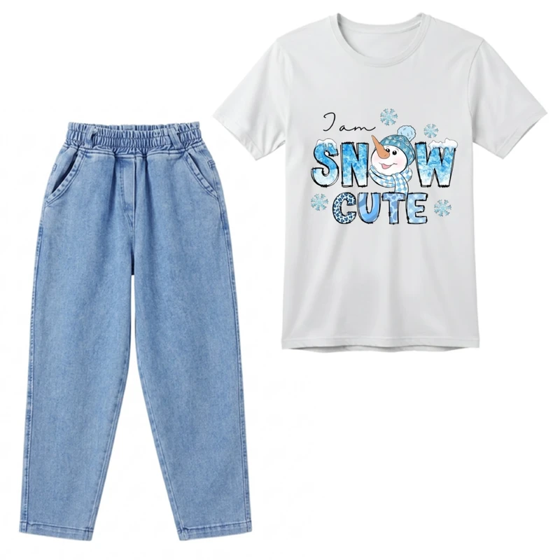 ست تی‌شرت آستین کوتاه و شلوار دخترانه مدل برفی 