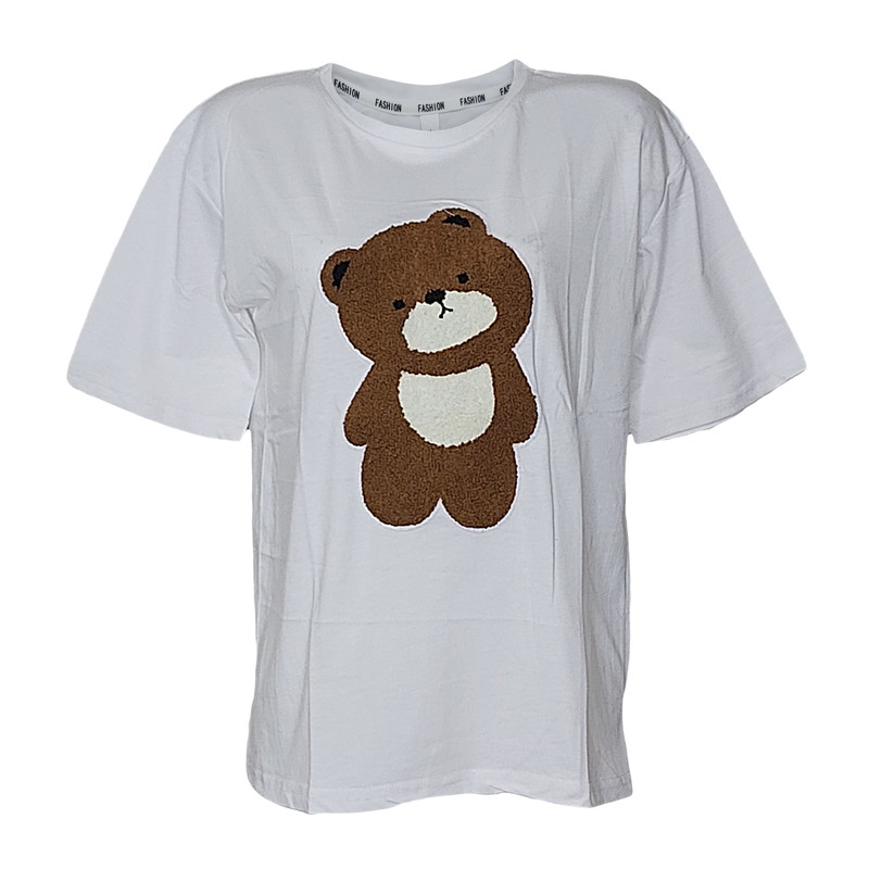 تی شرت لانگ زنانه مدل خرس برجسته رنگ سفید